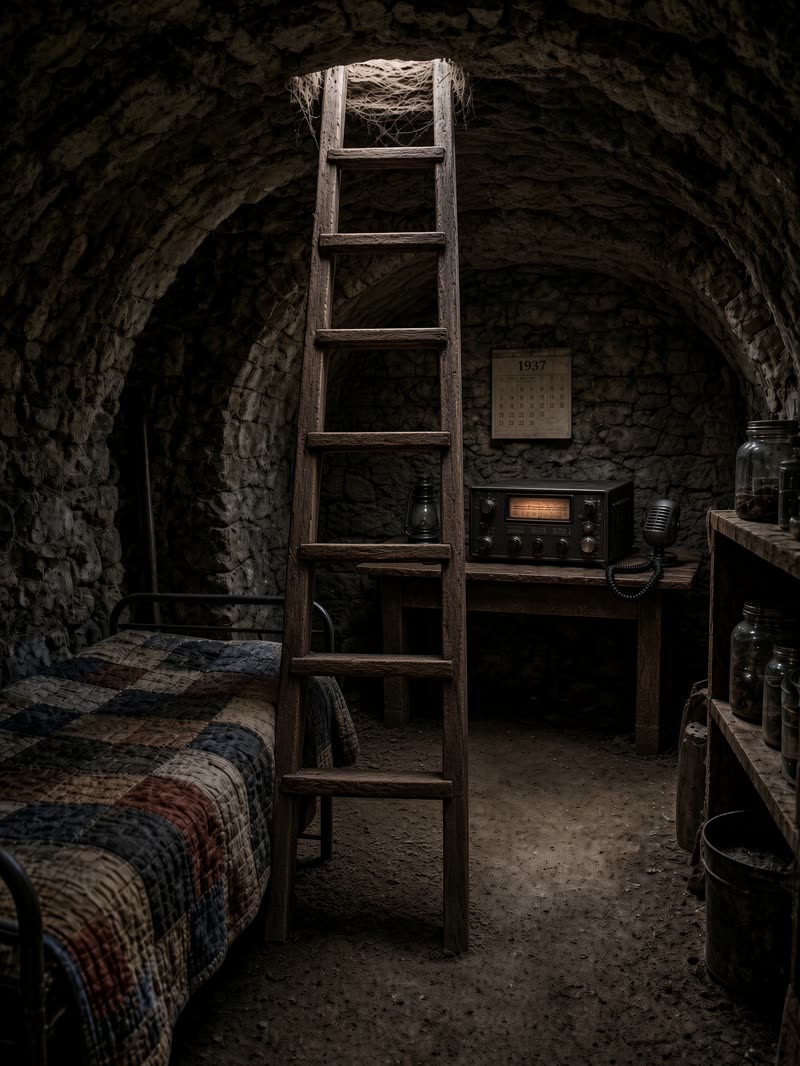 The storm cellar: a stone vault with a wooden ladder, a made bed, and a radio set on a bench