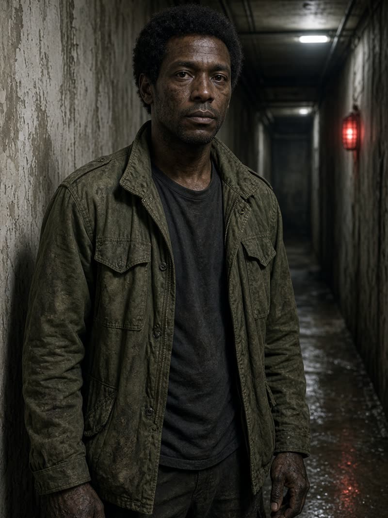 Cole Voss, late thirties, in a worn field jacket in a concrete service corridor