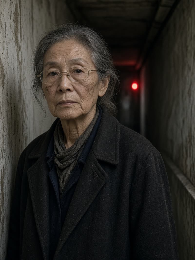 Elena Park, sixty-eight, in a dark coat and scarf, looking directly at the viewer