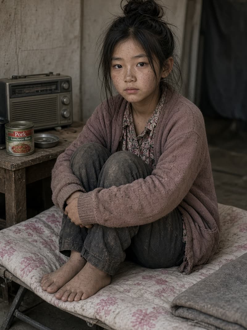 Lila Park, nine years old, sitting on a cot beside a valve radio and a tin of food